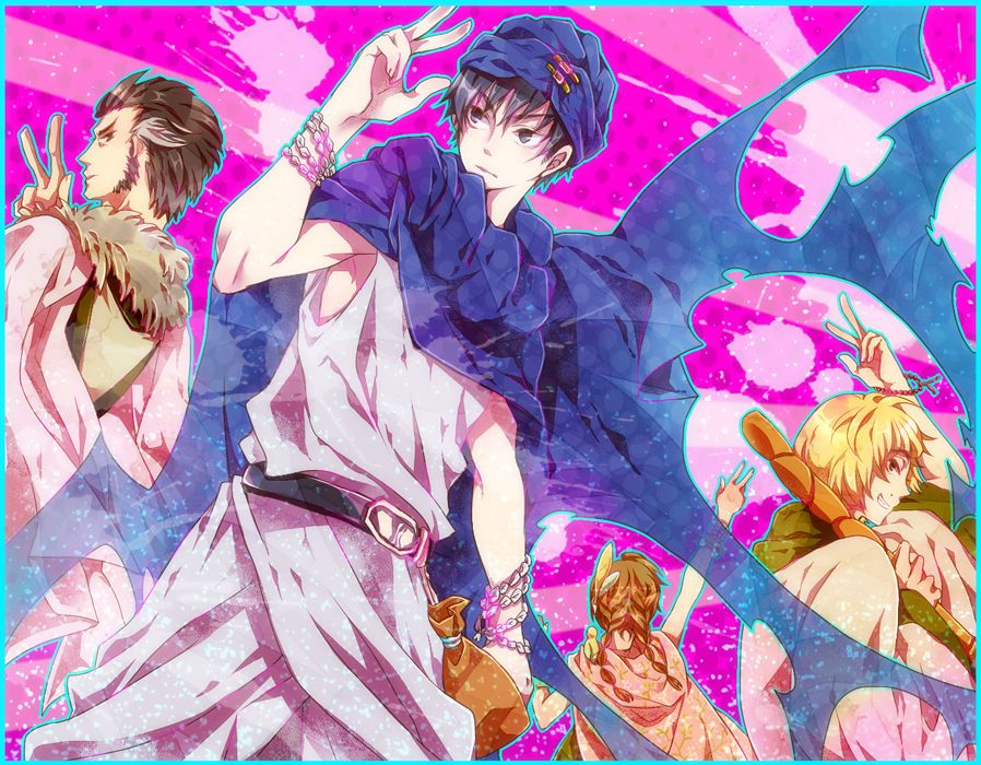 3boys, bag, beads, black_hair, blonde_hair, brown_eyes, cape, danjo_(yoshihiko)