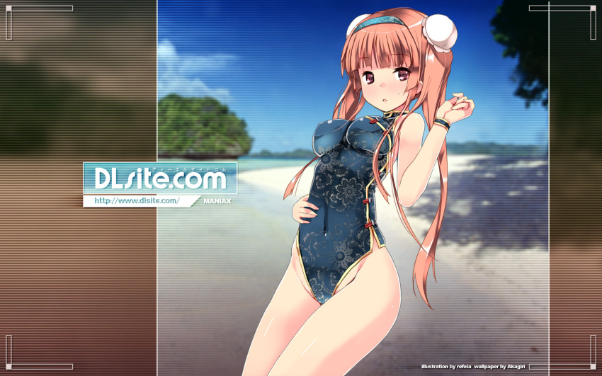 bare_shoulders, breasts, brown_hair, bun_cover, chinese_clothes, clothed_navel, dille_blood, dlsite.com