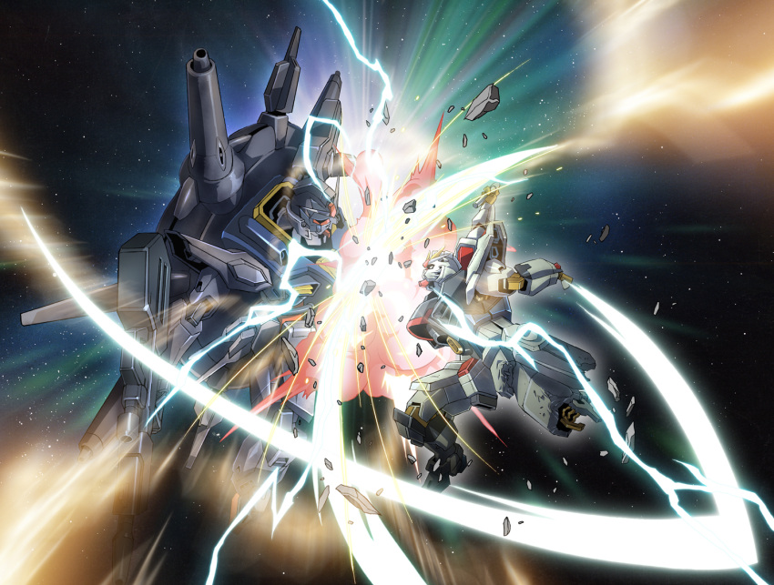 beam_rifle, damaged, debris, energy_sword, explosion, glowing, gun, gundam, gundam_seed, gundam_seed_destiny, platin_(alios), providence_gundam, space, star_(sky), strike_freedom_gundam, sword, time_paradox, weapon