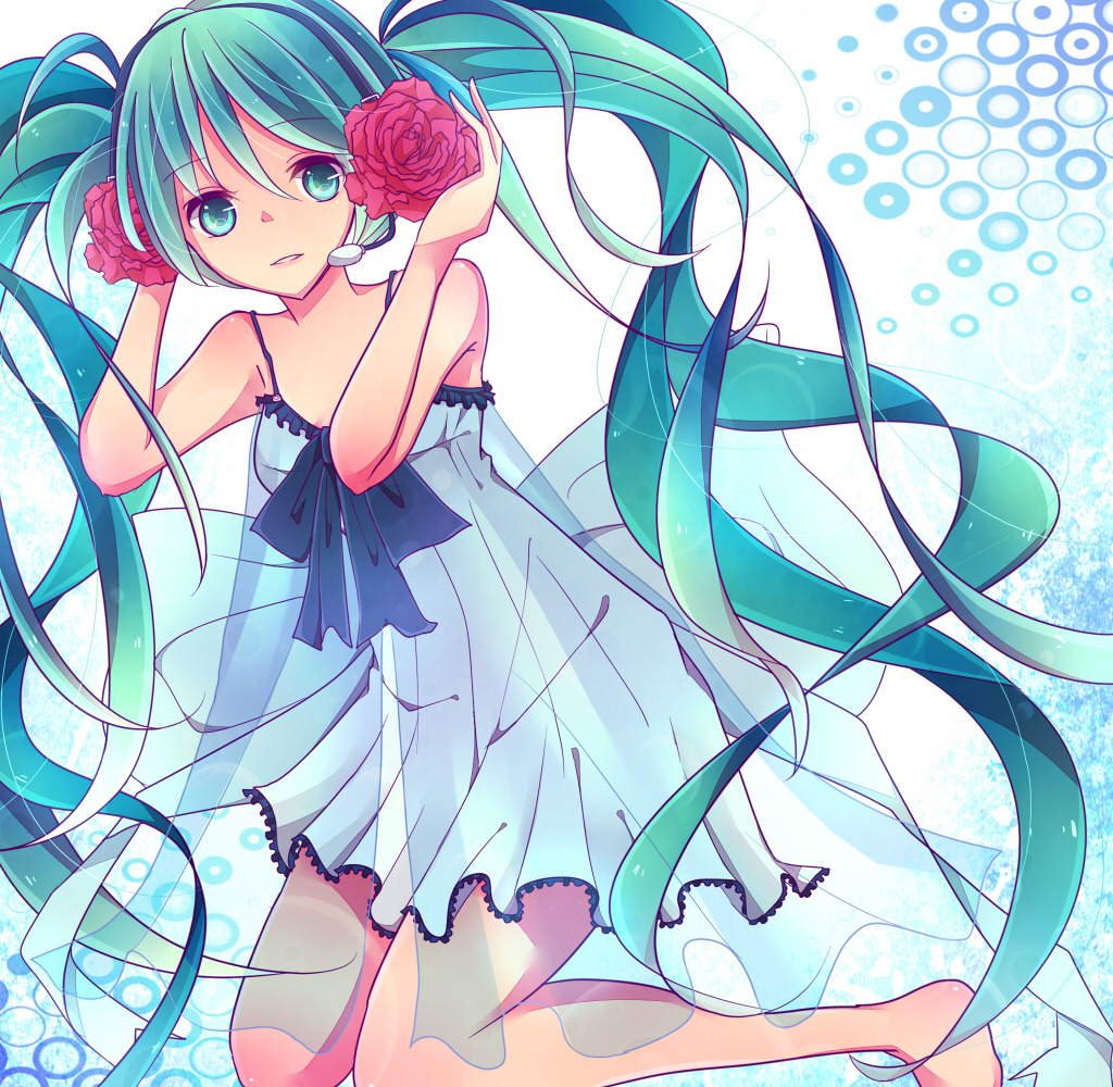 bad_id, dress, flower, green_eyes, green_hair, hair_flower, hair_ornament, hands_on_headphones