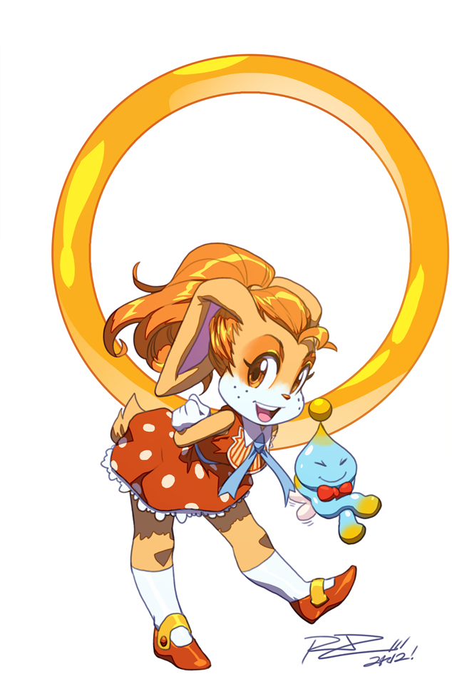 >_<, 1girl, 2012, animal_ears, arms_behind_head, bent_over, bowtie, brown_eyes, brown_hair, bunny_ears, chao, chao_(sonic), cheese_(sonic), child, cream_(sonic), cream_the_rabbit, dated, dress, furry, jewelry, kneehighs, leaning_forward, looking_at_viewer, open_mouth, parody, ponytail, rabbit_ears, rat_rage, ring, robaato, signature, smile, sonic_(series), style_parody