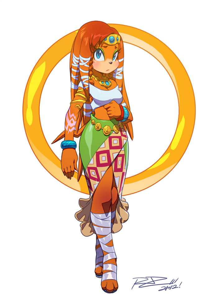 1girl, 2012, bare_shoulders, blue_eyes, bracelet, dated, furry, jewelry, looking_at_viewer, midriff, mole, necklace, orange_hair, parody, rat_rage, ring, robaato, sandals, signature, solo, sonic_(series), standing, style_parody, tikal, tikal_the_echidna