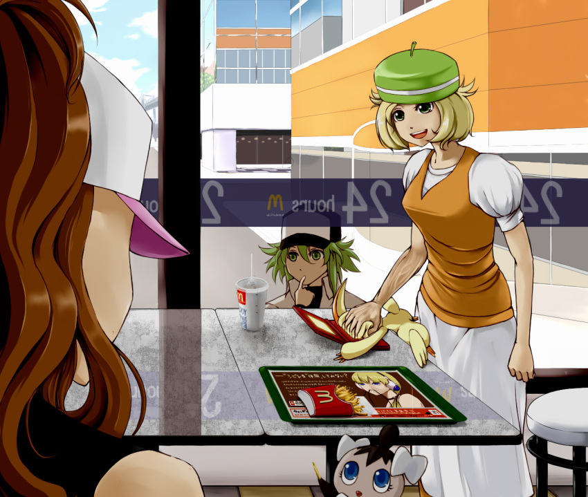 1boy, 2girls, bad_id, baseball_cap, bel_(pokemon), blonde_hair, blood, brown_hair, cameo, character_request, city, drink, erukin_masa, female, finger_to_mouth, food, french_fries, gothita, green_eyes, green_hair, hat, head_grab, kamitsure_(pokemon), kamitsure_(pokemon)_(cameo), long_hair, male, mcdonald's, multiple_girls, n_(pokemon), nikawa_99-do, nintendo_ds, open_mouth, pokemon, pokemon_(game), pokemon_bw, short_hair, smile, street, teeth, touko_(pokemon), veins, victini, window