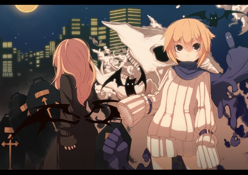 2girls, androgynous, bat, belt, blonde_hair, building, city, coffin