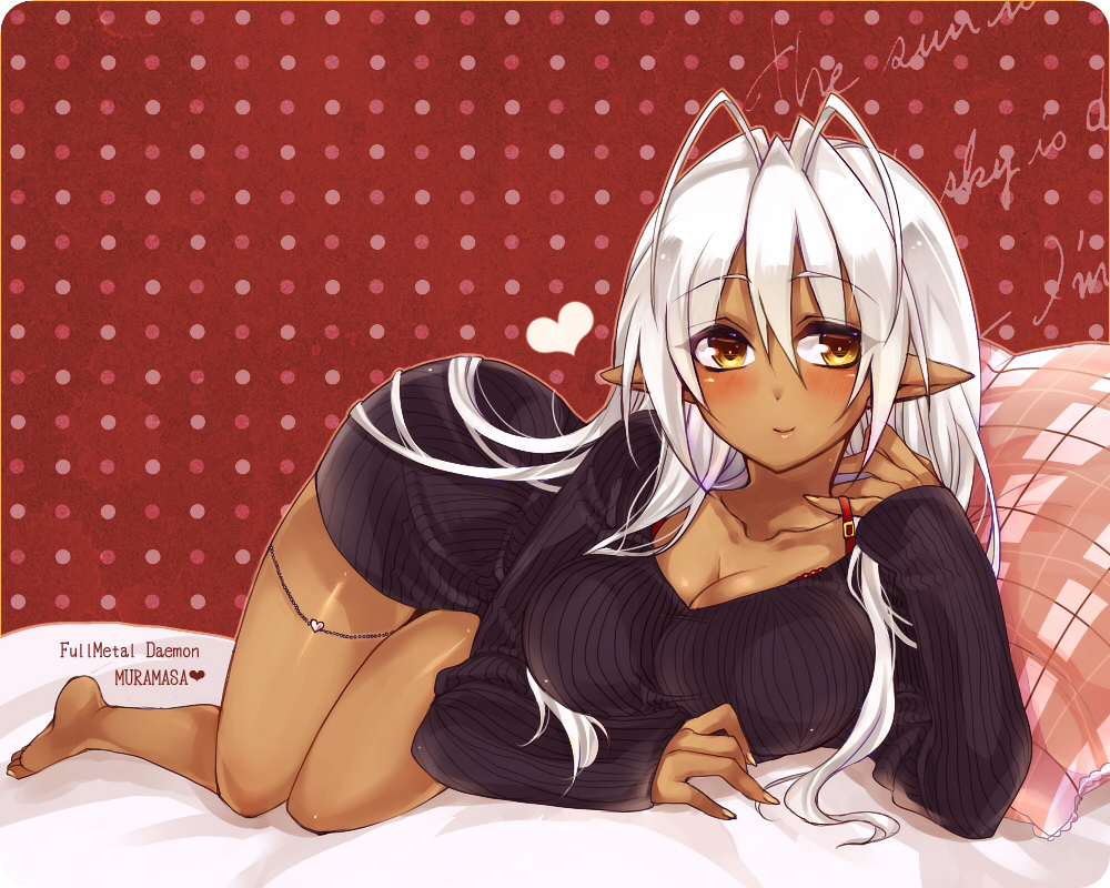 aki_(prdx85), bed, breasts, cleavage, dark_skin, heart, large_breasts, light_smile