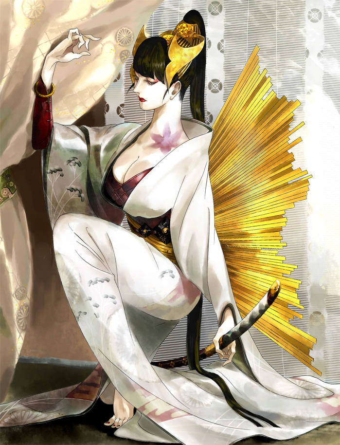 barefoot, bracelet, breasts, cleavage, eyeshadow, japanese_clothes, jewelry, katana