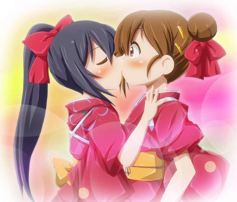alternate_hairstyle, black_eyes, blush, brown_eyes, brown_hair, closed_eyes, eyes_closed, hair_bun