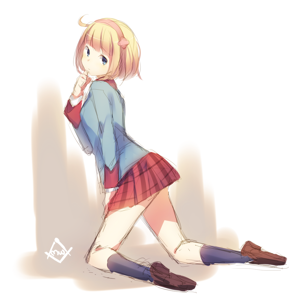 blonde_hair, blue_eyes, bob_cut, character_request, cosette_coalhearth, from_behind, hairband, kneeling