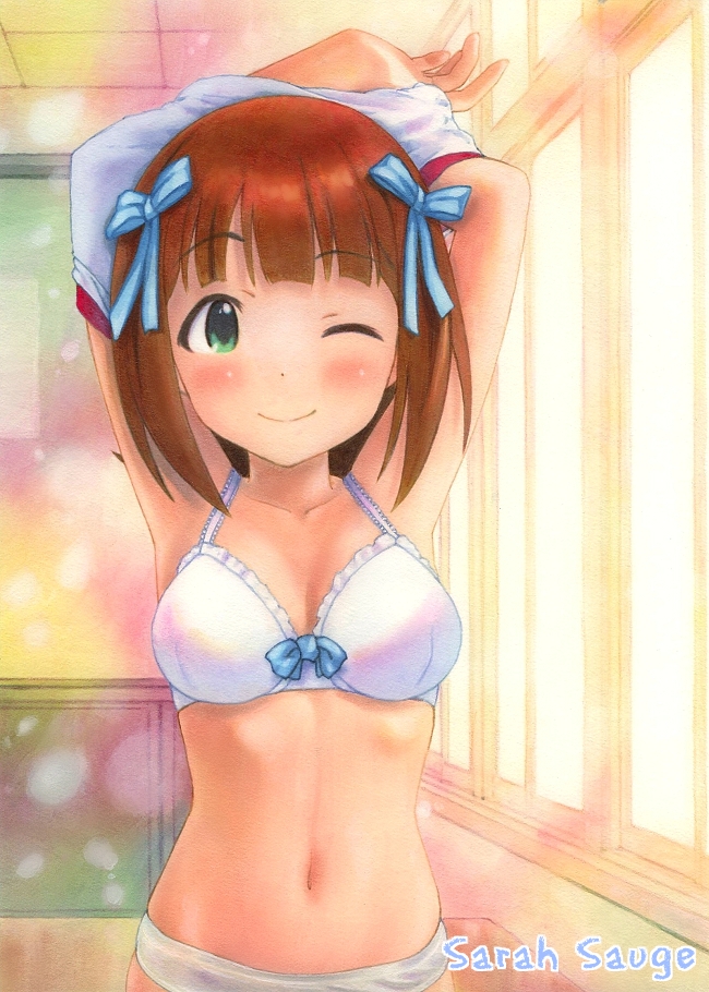 ;), acrylic_paint_(medium), amami_haruka, armpits, artist_name, bad_id, belly, blush