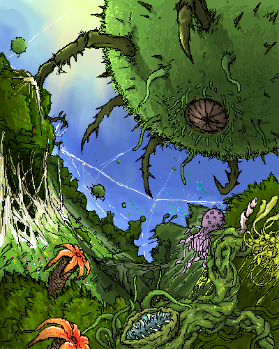 claws, fisheye, forest, hothouse_(novel), levitation, lowres, monster, nature, no_humans, plant, plant_request, science_fiction, sharp_teeth, sky, spider_web, teeth, tentacle, tentacles, traverser, vines, web