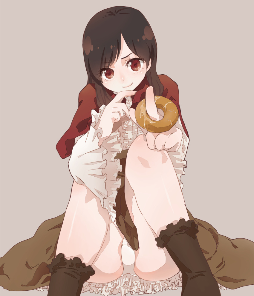black_hair, doughnut, female, highres, kamen_rider, kamen_rider_wizard_(series), kinoshita_kirin, koyomi_(kamen_rider_wizard), long_hair, panties, pantyshot, solo, underwear, white_panties