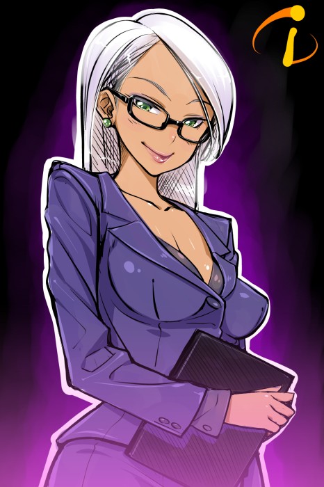 breasts, bubuzuke, cleavage, dark_skin, earrings, glasses, green_eyes, holding, jewelry, lips, long_hair, looking_at_viewer, mirage, mirage_(incredibles), original, outline, smile, solo, tan, the_incredibles, white_hair