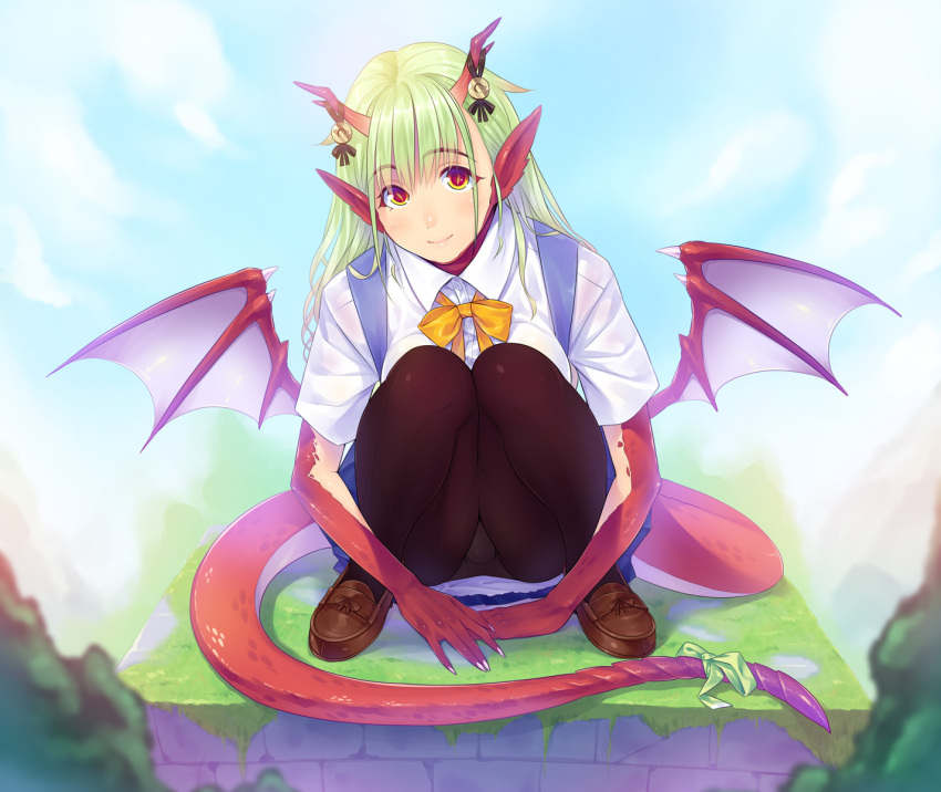 blush, bubuzuke, copyright_request, dragon_girl, dragon_horns, dragon_tail, dragon_wings, green_hair, highres, long_hair, multicolored_skin, panties, panties_under_pantyhose, pantyhose, pointy_ears, red_eyes, red_skin, rin_drave, sei_monmusu_gakuen, sitting, smile, solo, tail, underwear, wings