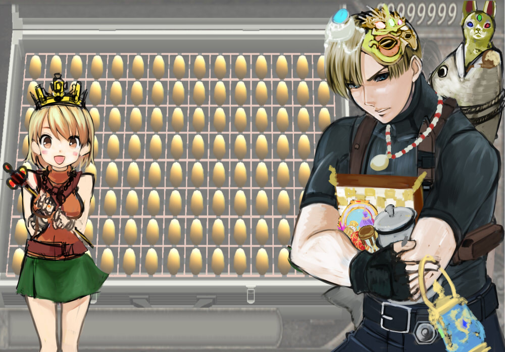 1girl, ashley_graham, blonde_hair, blush, brown_eyes, capcom, chessboard, crown, egg, fish, headdress, holding, jewelry, kinpatuyoujo, lamp, leon_s_kennedy, mask, pendant, resident_evil, resident_evil_4, smile, staff