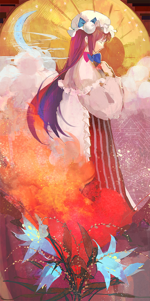 capelet, closed_eyes, dress, eyes_closed, flower, hair_ribbon, hat, kyer