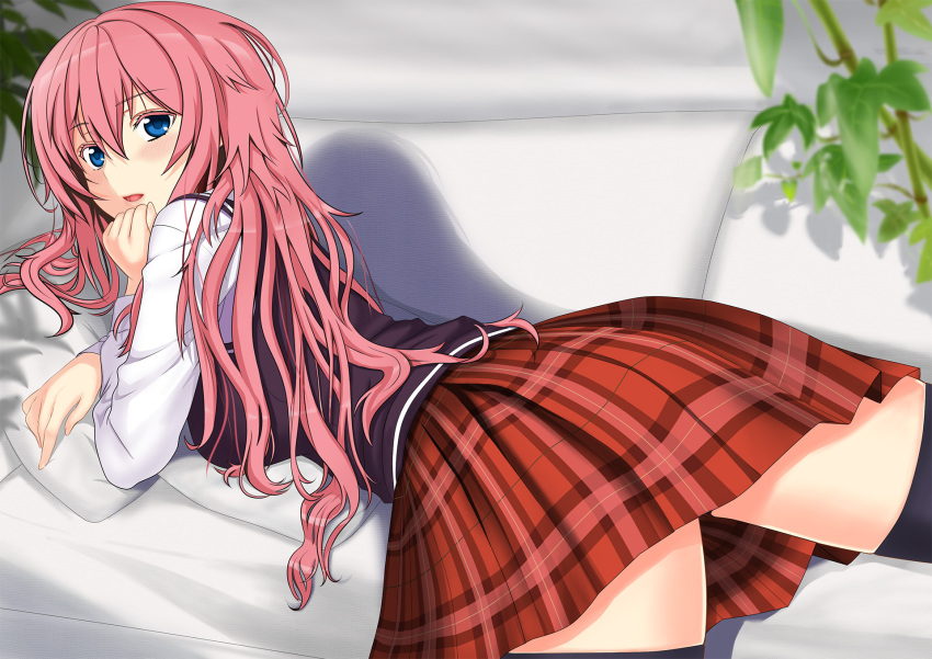 alternate_costume, alternate_hairstyle, blue_eyes, derivative_work, highres, lemoo, long_hair, looking_at_viewer, looking_back, lying, megurine_luka, on_stomach, pink_hair, plaid, skirt, solo, thigh-highs, thighhighs, vocaloid, zettai_ryouiki