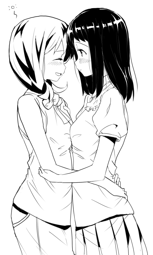 blush, chinchilla, closed_eyes, eyes_closed, fukuyo_kouko, hug, kokaji_sukoya, monochrome