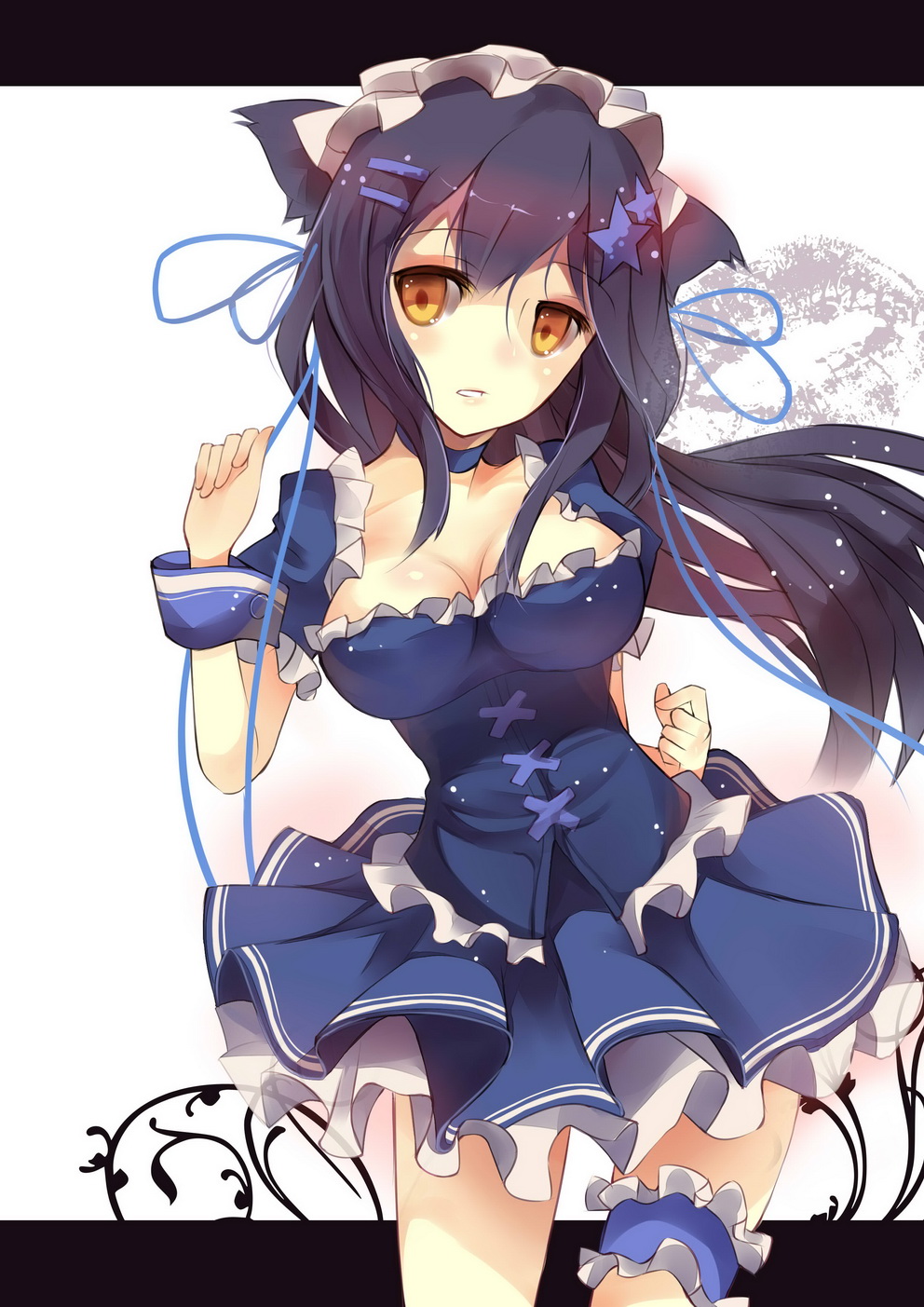 animal_ears, black_hair, breasts, cat_ears, cleavage, dress, female, garter, garters, hair_ornament, hat, highres, large_breasts, long_hair, original, personification, rain_lan, saionji_rin_(crh380b), skirt, solo, standing, star, thighs, yellow_eyes