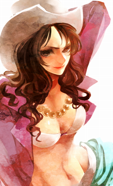 1girl, akizuki_hakuto, alvida_(one_piece), bikini, bikini_top, brown_eyes, brown_hair, hat