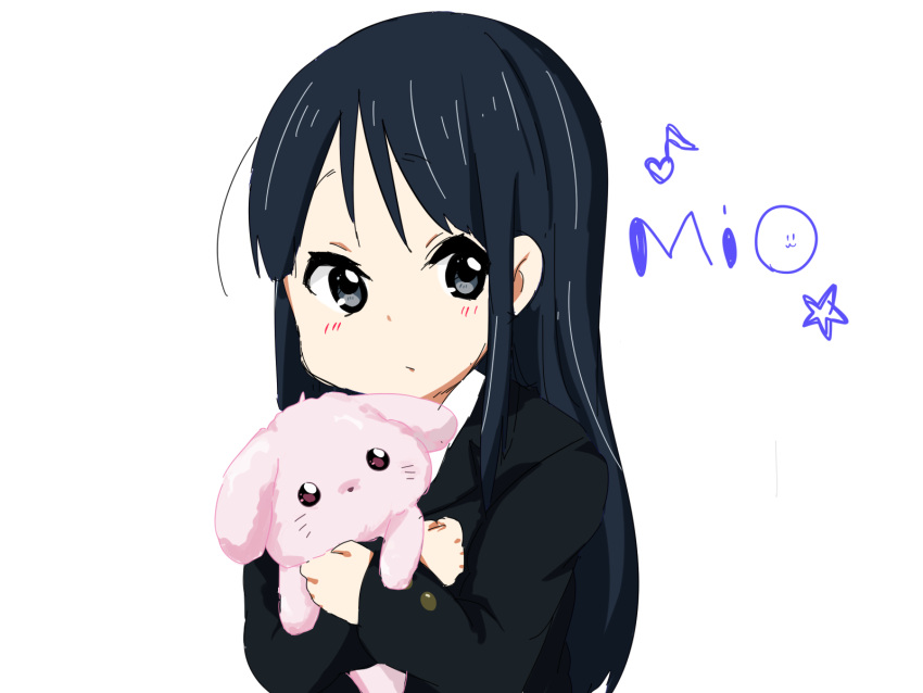 1girl, akiyama_mio, alternate_hairstyle, black_eyes, black_hair, blush, bunny, doll