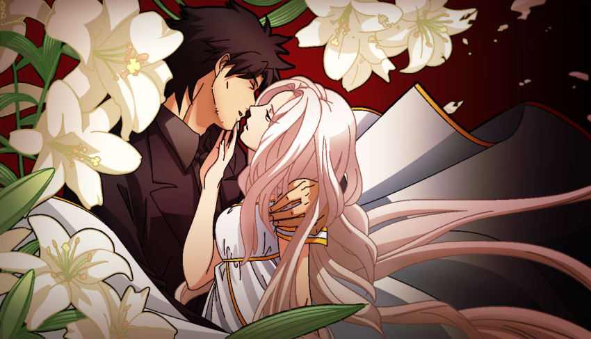 1girl, black_eyes, black_hair, couple, dress, emiya_kiritsugu, facial_hair, fate/zero, fate_(series), flower, husband_and_wife, irisviel_von_einzbern, lily_(flower), long_hair, nibaji, stubble, white_hair