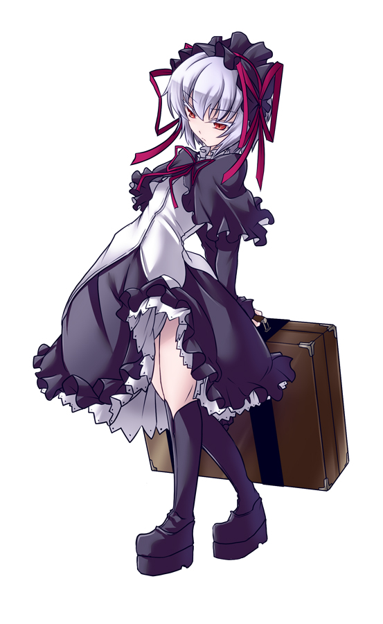 arcana_heart, arms_behind_back, boots, brown_eyes, colored_eyelashes, dress, expressionless, frills