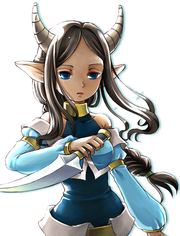 blue_eyes, braid, brown_hair, character_request, dagger, expressionless, horns, long_hair