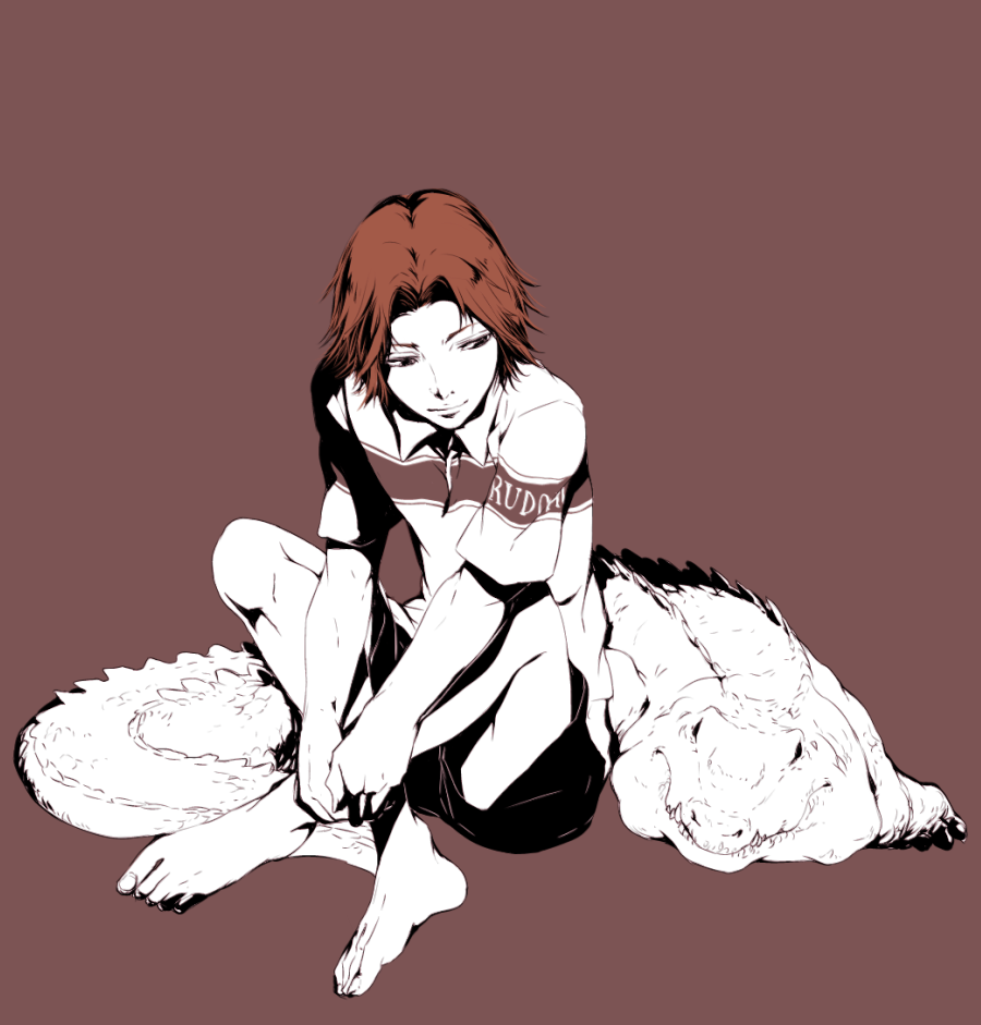 akazawa_yoshirou, alligator, animal, barefoot, crocodilian, flat_color, male, monochrome, shiro_(reptil), short_hair, simple_background, sitting, solo, spot_color, tennis_no_ouji-sama