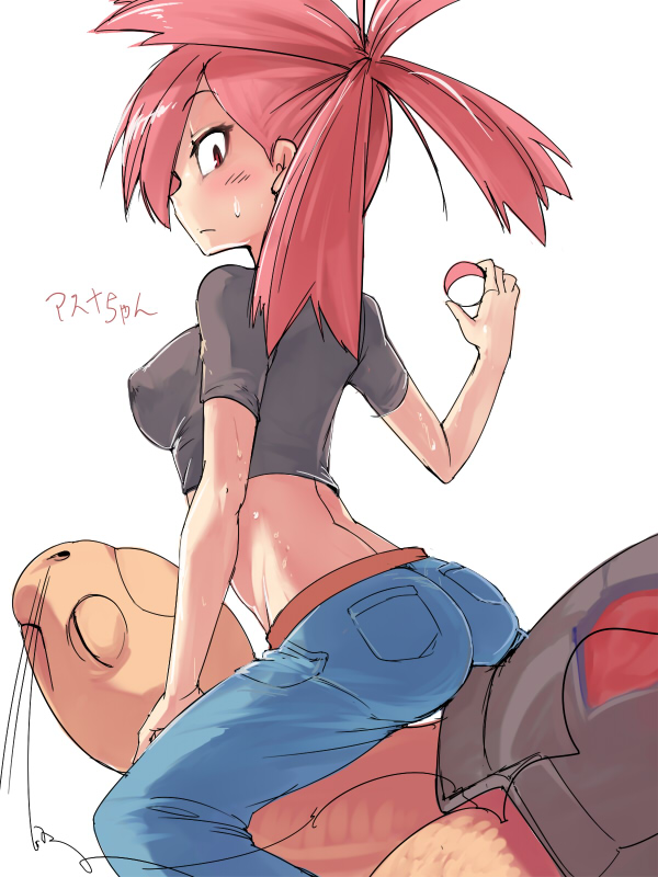 ario, ass, asuna_(pokemon), blush, breasts, character_name, crop_top, holding