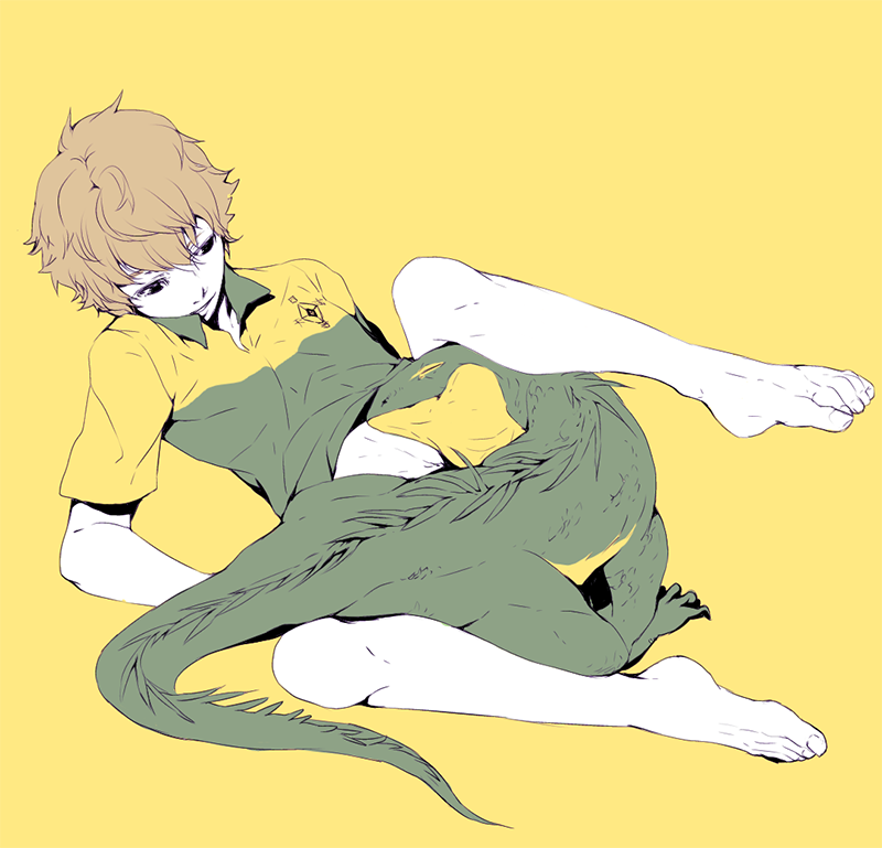 animal, barefoot, brown_hair, character_request, flat_color, iguana_(animal), male, shiro_(reptil)