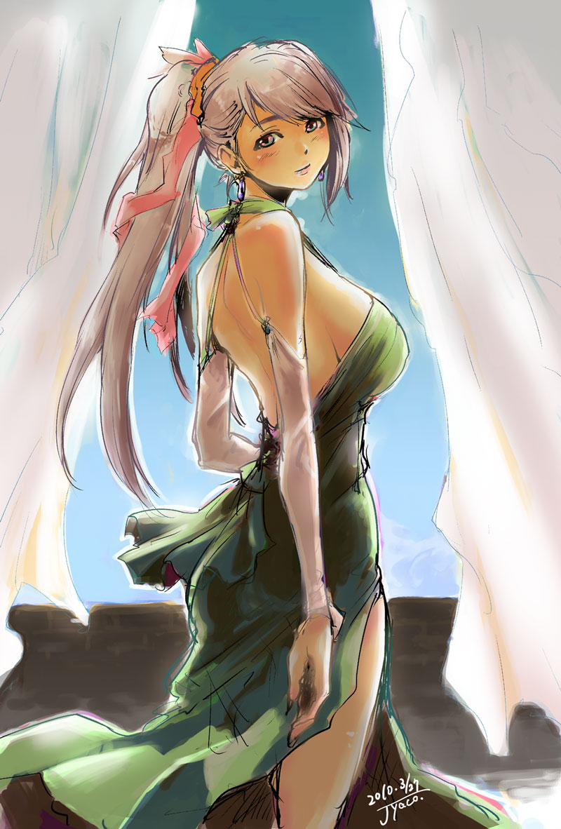 bare_shoulders, breasts, copyright_request, detached_sleeves, dress, earrings, female, hair_ornament, highres, huge_breasts, jewelry, jyaco, long_hair, ponytail, profile, sideboob, silver_hair, solo, standing, thighs