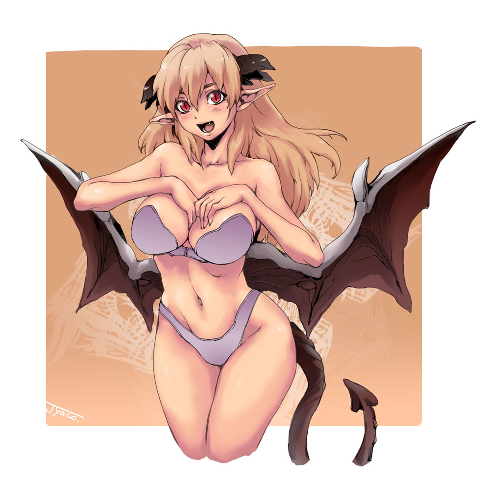bikini, blonde_hair, breast_suppress, breasts, demon_girl, demon_tail, demon_wings, female