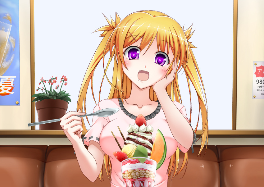 blonde_hair, fang, food, highres, ice_cream, long_hair, original, pocky