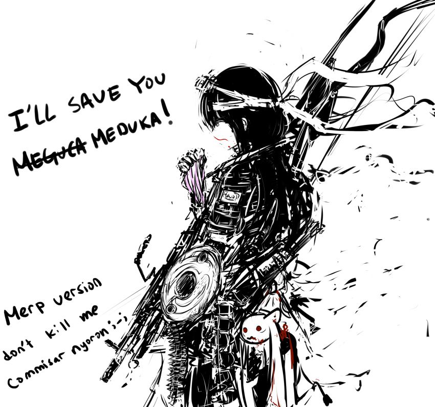 absurdres, akemi_homura, blood, derivative_work, english, engrish, gun, headband