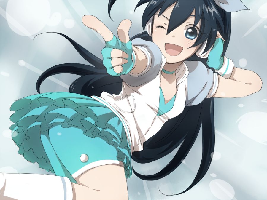 blue_eyes, ganaha_hibiki, gloves, idolmaster, long_hair, ponytail, tkns, wink