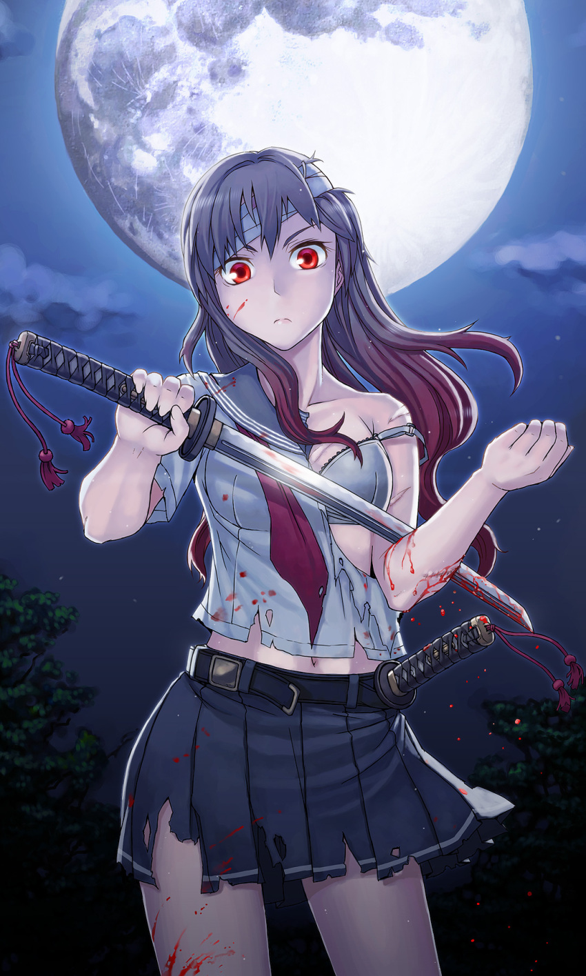 bandage, bandages, belt, black_hair, blood, blood_splatter, bra, cloud
