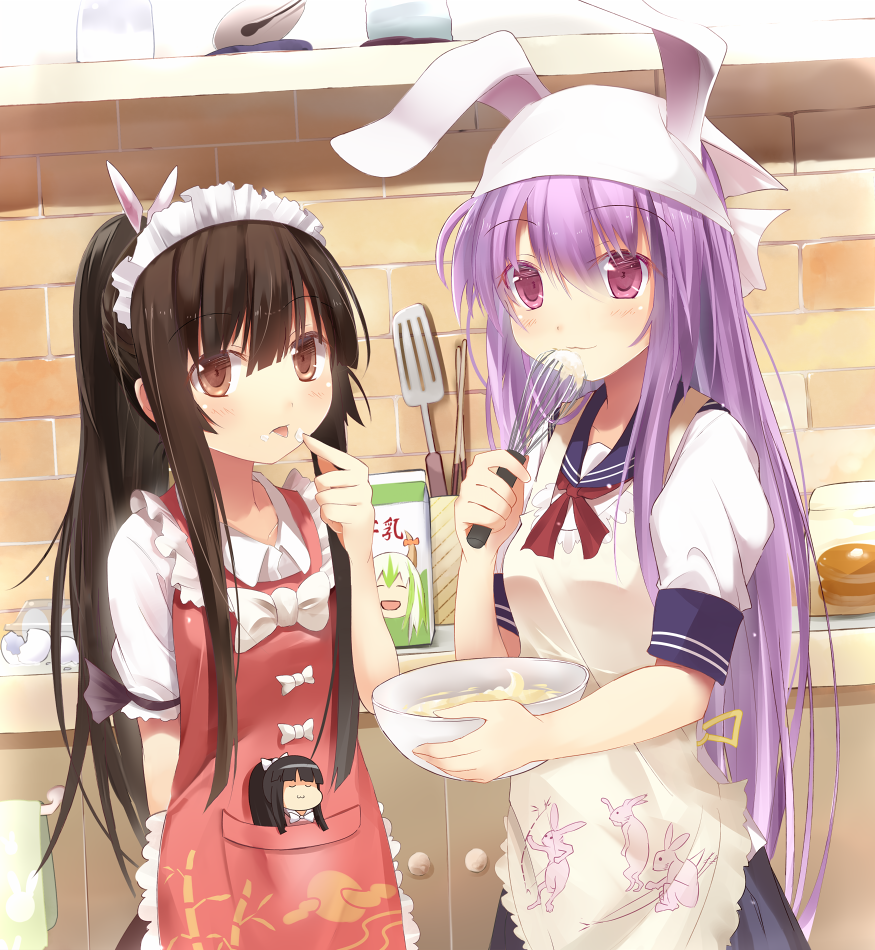 :3, animal_ears, apron, black_hair, blush, bow, bowl, brown_hair