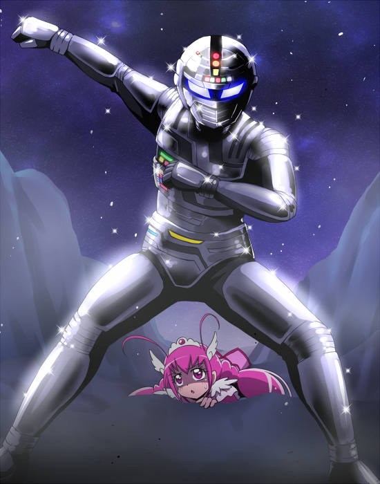 1boy, 1girl, crossover, cure_happy, female, gavan, head_wings, hoshizora_miyuki
