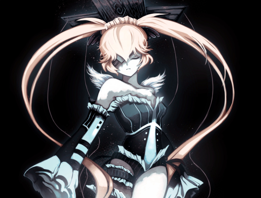 angel, bare_shoulders, corset, eyes_closed, head_wings, highres, long_hair, marionette