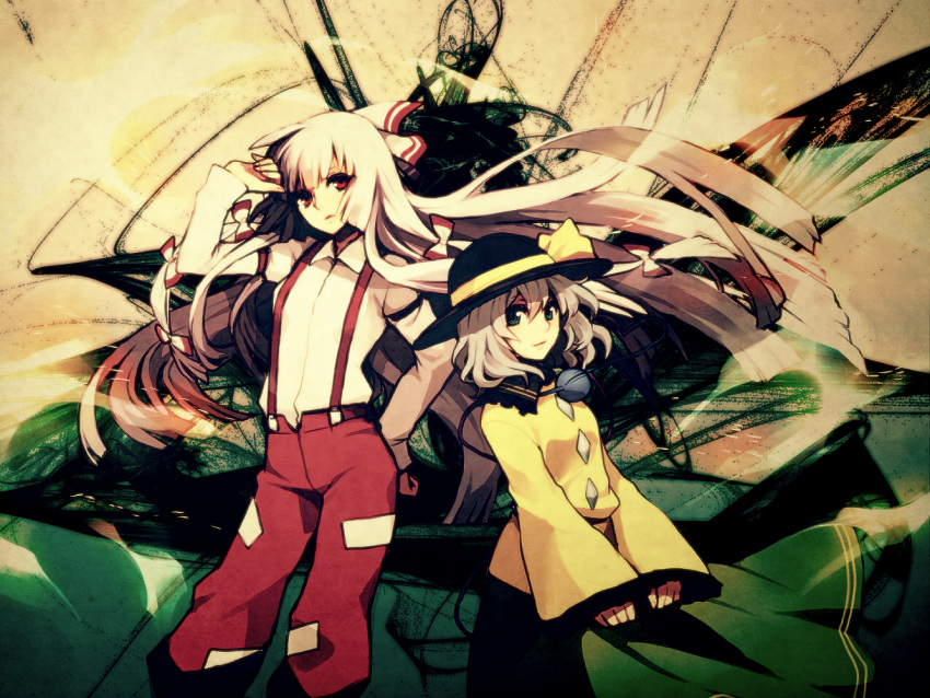 blush, bow, fujiwara_no_mokou, green_eyes, green_hair, hair_bow, hat, heart