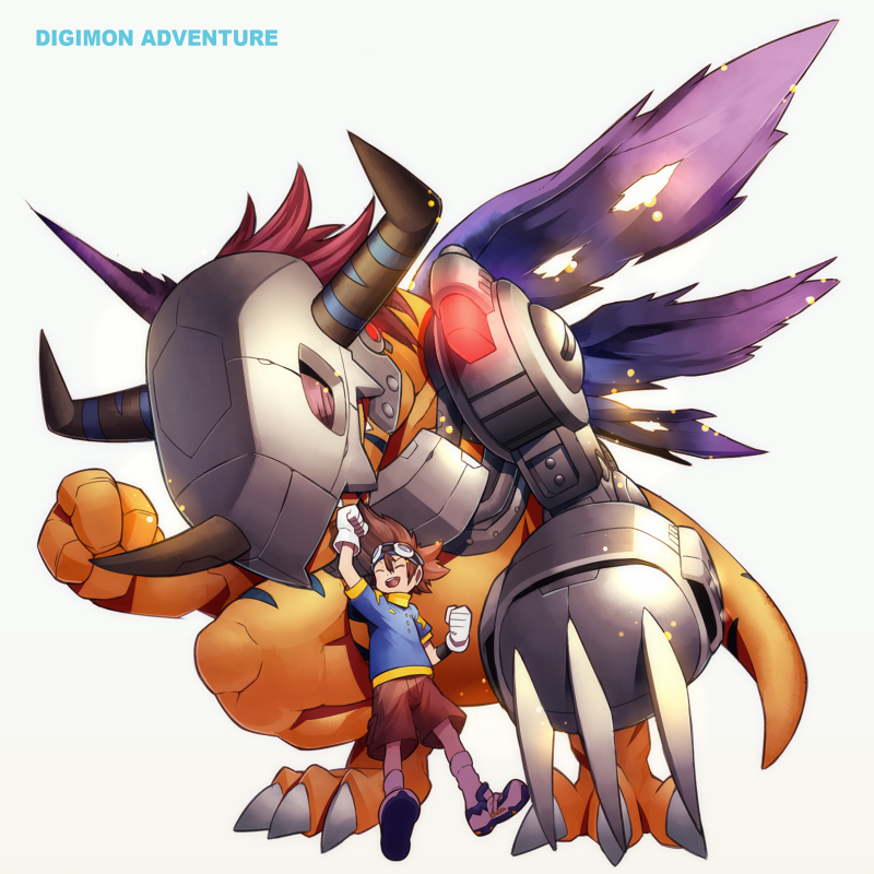 brown_hair, claws, closed_eyes, digimon, digimon_adventure, eyes_closed, gloves, goggles