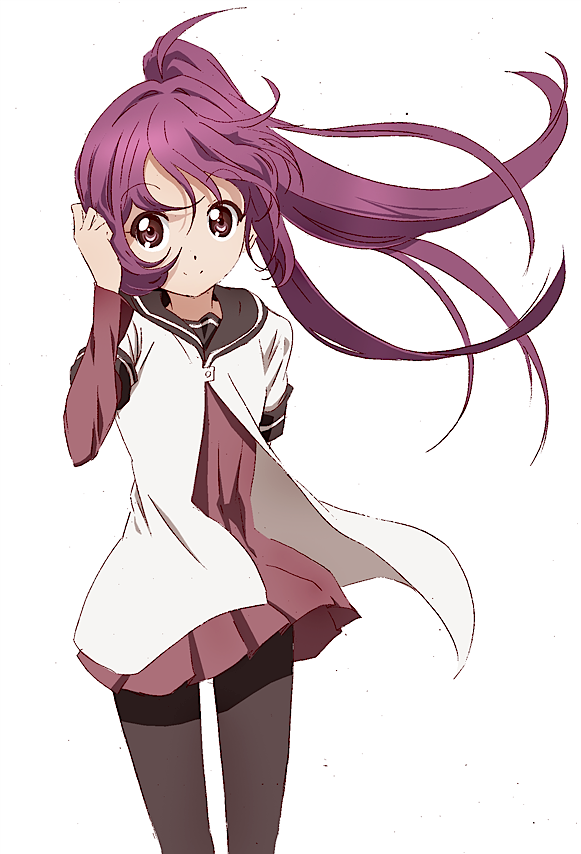 arm_behind_back, hand_in_hair, long_hair, long_sleeves, looking_at_viewer, pantyhose, ponytail, purple_eyes, purple_hair, school_uniform, serafuku, simple_background, skirt, smile, solo, standing, sugiura_ayano, suiya, violet_eyes, white_background, yuru_yuri