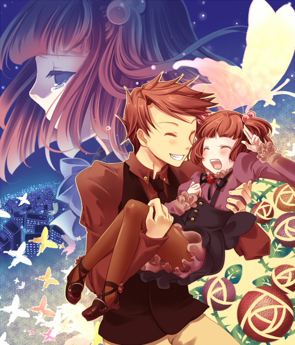 blush, brother_and_sister, butterfly, child, closed_eyes, frills, hair_bobbles, hair_ornament
