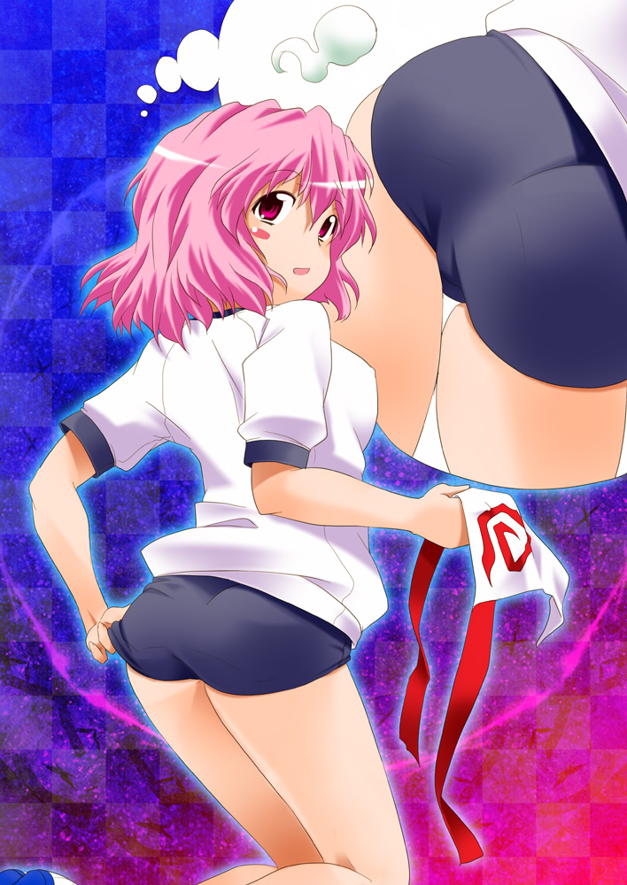 adjusting_buruma, alternate_costume, ass, back, blush, breasts, buruma, gym_uniform