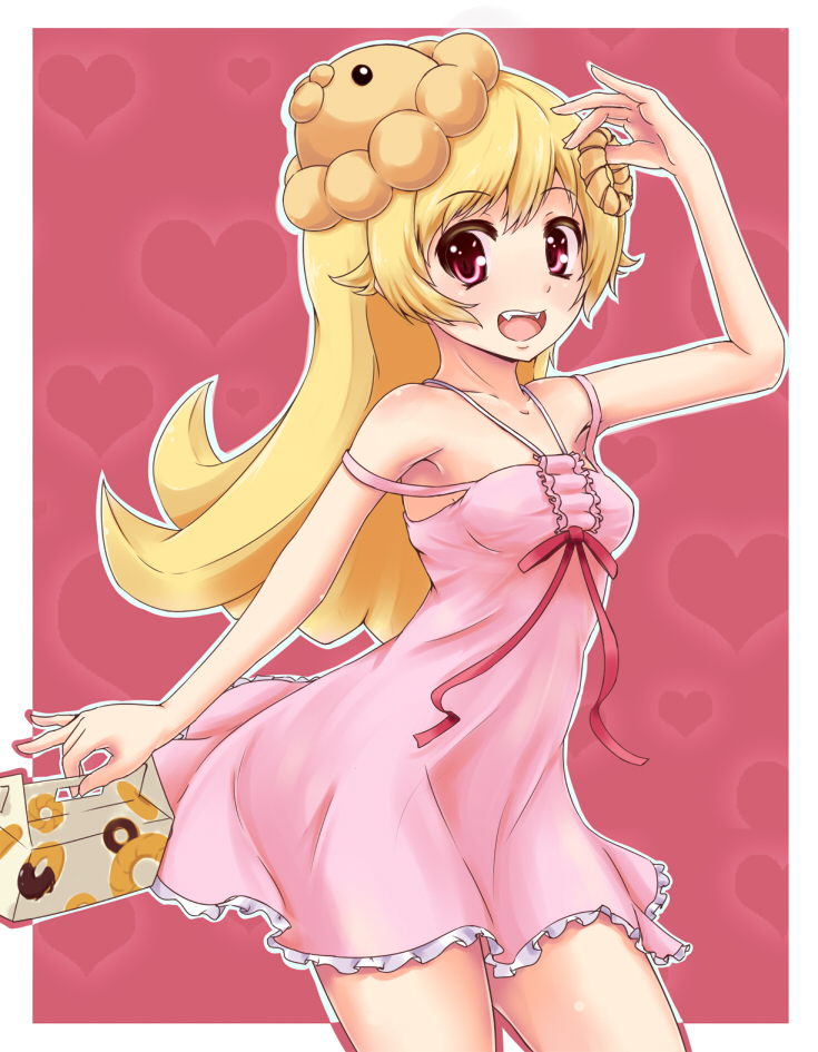 bakemonogatari, banana_(hirane1988), blonde_hair, box, doughnut, dress, fangs, hat, heart, long_hair, monogatari_(series), mugen_lion, nisemonogatari, oshino_shinobu, red_background, red_eyes, smile, strap_slip