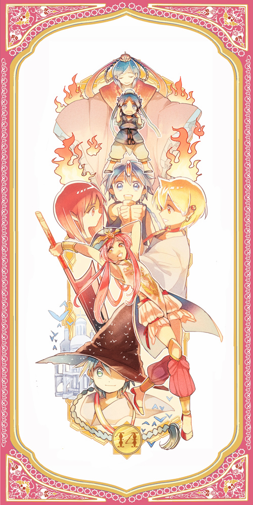 ali_baba_saluja, blonde_hair, blue_eyes, blue_hair, braid, character_request, dual_persona, fire, fushitasu, hair_bun, hat, long_hair, magi_the_labyrinth_of_magic, morgiana, red_eyes, red_hair, redhead, ren_gyokuen, ren_hakuryuu, ren_kouha, short_hair, side_ponytail, sword, turban, weapon, witch_hat, young, yunan