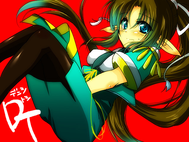 blue_eyes, blush, brown_hair, hio_(artist), long_hair, pantyhose, pointy_ears, ponytail