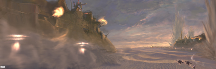animal, battleship, cannon, cape, cloudy_sky, desert, explosion, firing