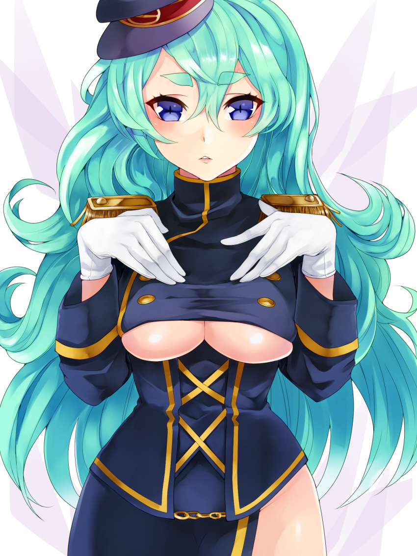 blue_eyes, blue_hair, blush, breasts, gloves, hat, highres, imagawa_yoshimoto_(sengoku_collection), long_hair, looking_at_viewer, sengoku_collection, settyaro, shoulder_pads, solo, under_boob, underboob, uniform, white_background, white_gloves