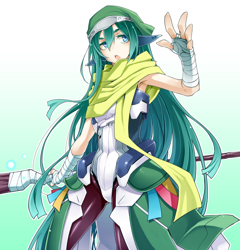 aqua_eyes, bandage, bandages, bodysuit, ear_covers, grace_o'malley, grace_o'malley, green_hair, hat, kyoukai_senjou_no_horizon, long_hair, pantyhose, pointy_ears, scarf, staff, yuu_(amadoki)